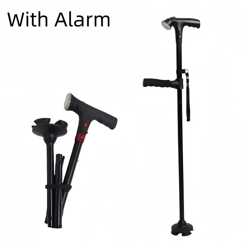 HOT SALE LED Lights +Emergency Alarm SOS Night Hiking Walking Stick Adjustable Height Voice Announcement Non-Slip For Elderly Disabled People Lightweight Aluminum Foldable Outdoor Camping Cane