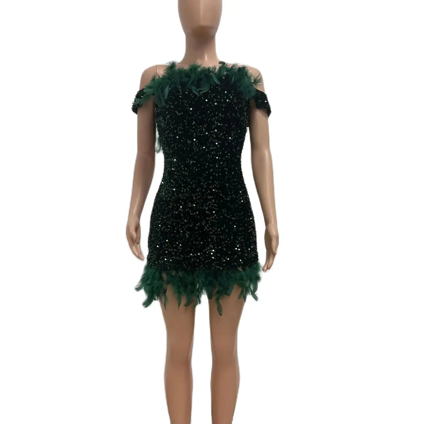 NEW Arrivals L-5XL Plus Size Sequin Feather Evening Party Night Club Dance Dress Female Luxury Dinner Prom Ladies Mini Outfit Spring Autumn Summer Elegant Women Sexy Dress