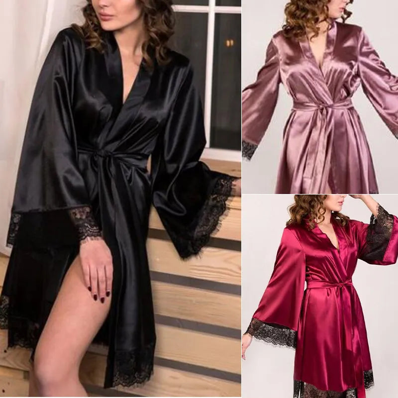 Two Pieces Women Silk Stain Lace Sexy Nightdress V-Neck Nighty Long Sleeve Printed Lingerie Robe Pajamas Sleepwear