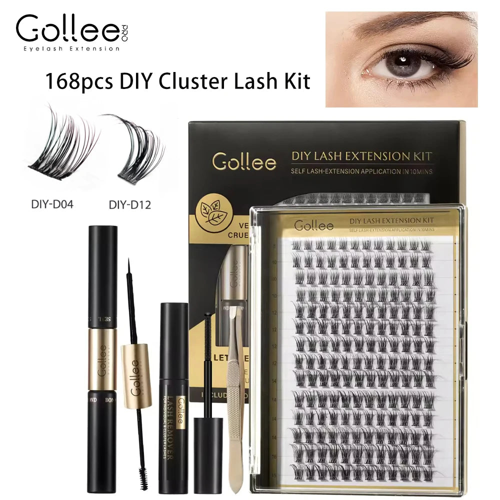 168PCS Set Cluster Lashes Kit 2 in 1 Adhere and Seal Cluster Lashes Adhesive DIY Segment Lashes Cluster Extension Glue Kit Women Cosmetic Sets