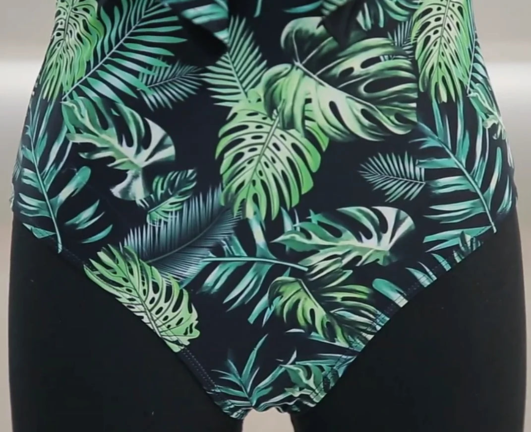 2024 New Arrival Ruffle Swimwear V-Neck Shoulder One Piece Swimsuit Women Floral Printed Tropical Summer Beach Bathing Suit