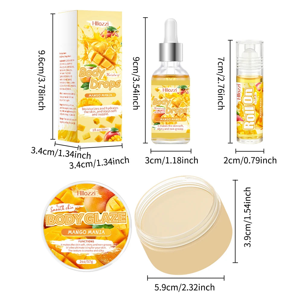 3 PCS Set Mango Body Glaze Drops and Oil Set includes a Rollerball Applicator, Suitable for Dry Skin, Providing Moisturizing Hydrating Skin Care Sets Korean Products