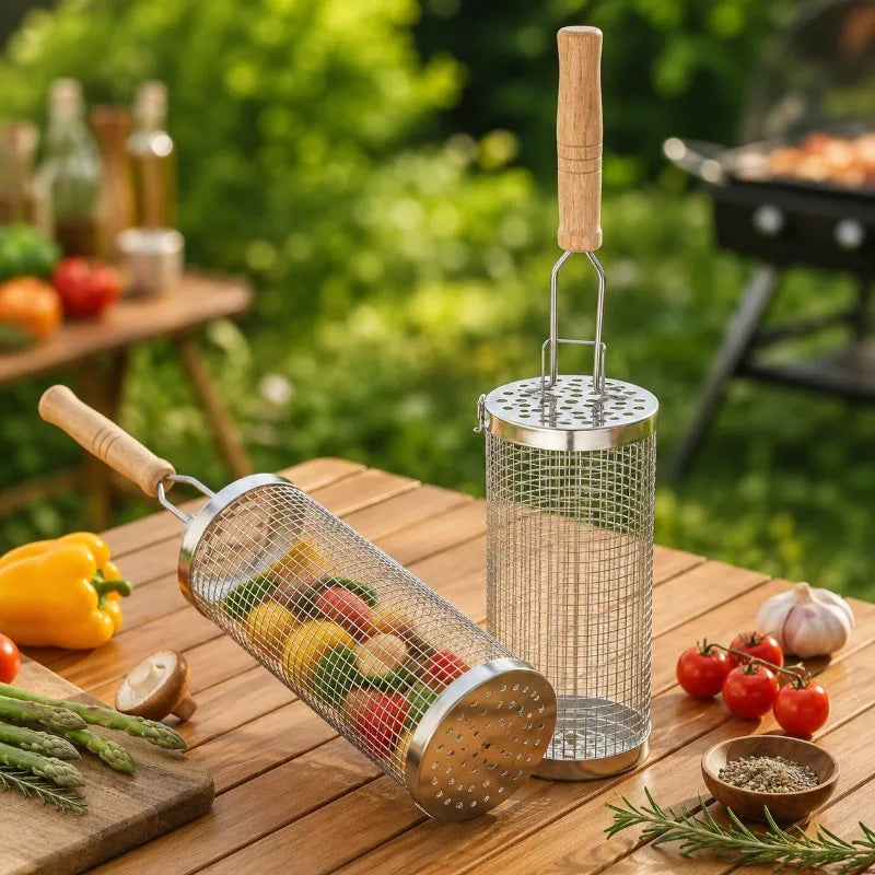 Round Barbecue Grill Basket Set Stainless Steel Rolling Steel Mesh Tube Barbecue Grill with Handle Essential for Outdoor Camping