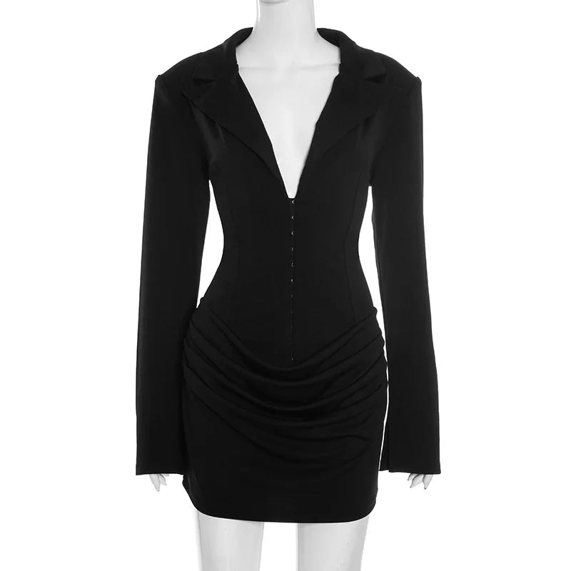 NEW Arrivals UK Size 3 Colors Casual Pleated Sexy Dress Women  Elegant Party Dress Blazer Long Sleeves Bodycon Mini Autumn Winter Dress Vestidos