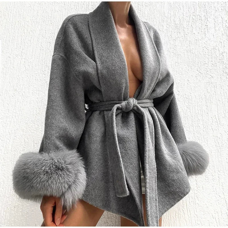 UK Size 5 Colors Elegant Lace Up Woolen Overcoat Women Casual Lapel V-Neck Full Sleeve Loose Warm Outerwear Lady New Autumn Commute Street Coat