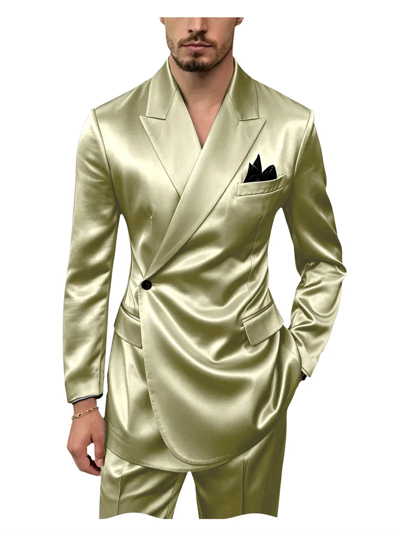 8 Colors 2 PCS Set S-7XL Extra Plus Size Men's Luxury Satin Suit Asymmetrical Wrap Peak Lapel Silk Suit One Button Slim Fit Blazer Pants Wedding Celebrity Red Carpet Business Formal Evening Luxury Outfit
