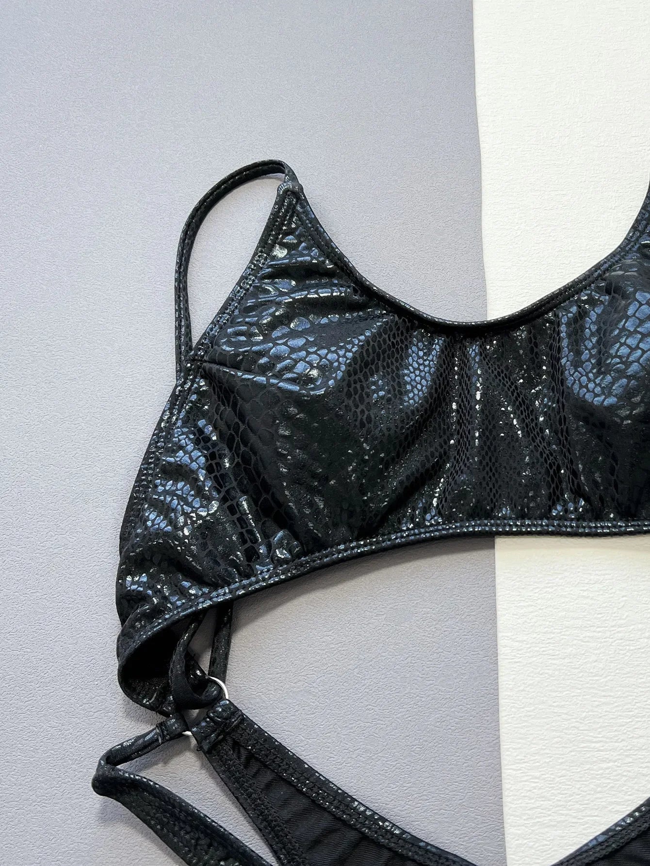 Women Black Snakeskin Metallic Sparkling Swimsuit One Piece Hollow Backless Bikini Swimwear Bathing Suit Beach Outfits Bodysuit Women Bathing Apparel Supplies