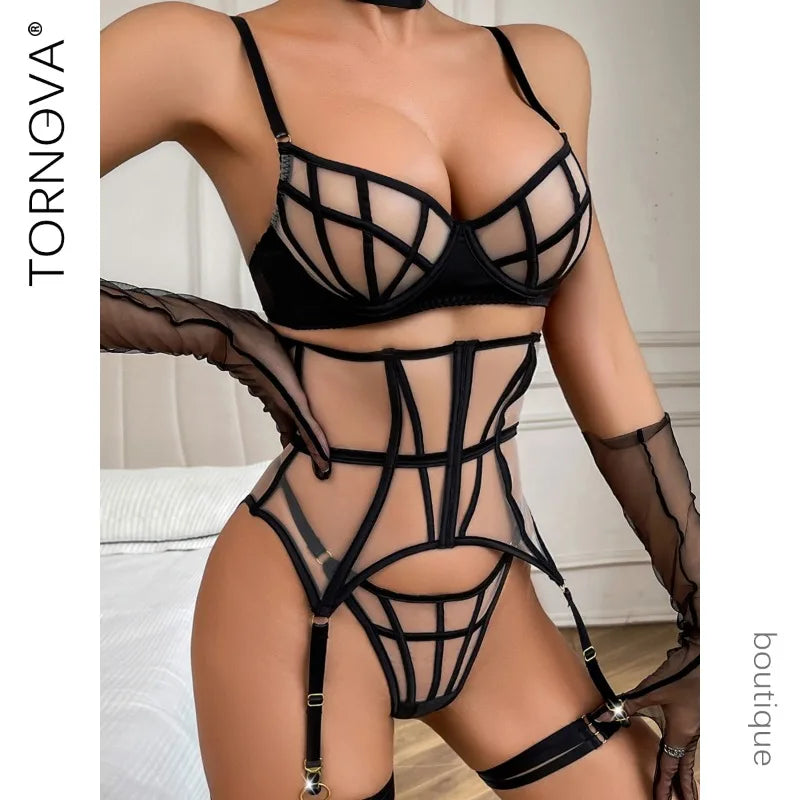 4 PCS Set Black/Red Color Sexy Garter Belts + Gloves Lingerie Suit for Women Solid Color Mesh Patchwork See-Through Women's Underwear Suit Sexy Gloves Garters Underwear Sets