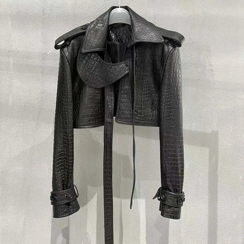 Women Coat Spring And Autumn New Arrival Genuine Leather Jacket With Long Belt Imitation Crocodile Texture Real Sheepskin