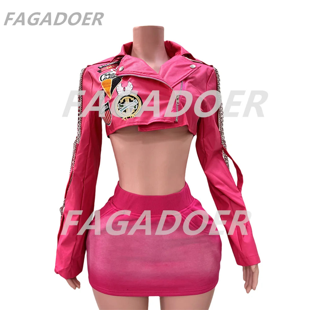 NEW Arrivals Y2K Rose Pink Leather Jacket Women Punk Moto Coat Lapel Chain Patchwork Cropped Jackets Hot Girl Autumn Winter Outwear