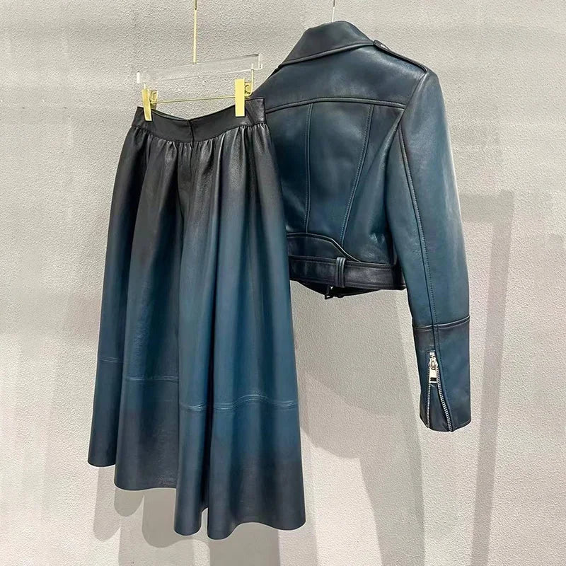 Lady Real Leather Jackets Fashion Motocycle Leather Coat Women Sheepskin Skirt Spring Autumn Sets Female Clothing GT5463