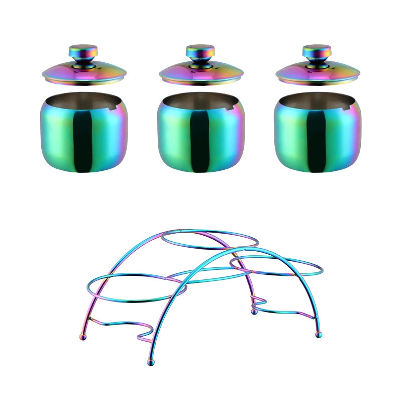 3 PCS Luxury Set + 3 Matching Spoons 304 Stainless Steel Gold Seasoning Condiment Pot Set Spice Salt Sugar Container Pepper Jar Tool with Lid and Spoon Holder Rack Home Tableware Tools Sets