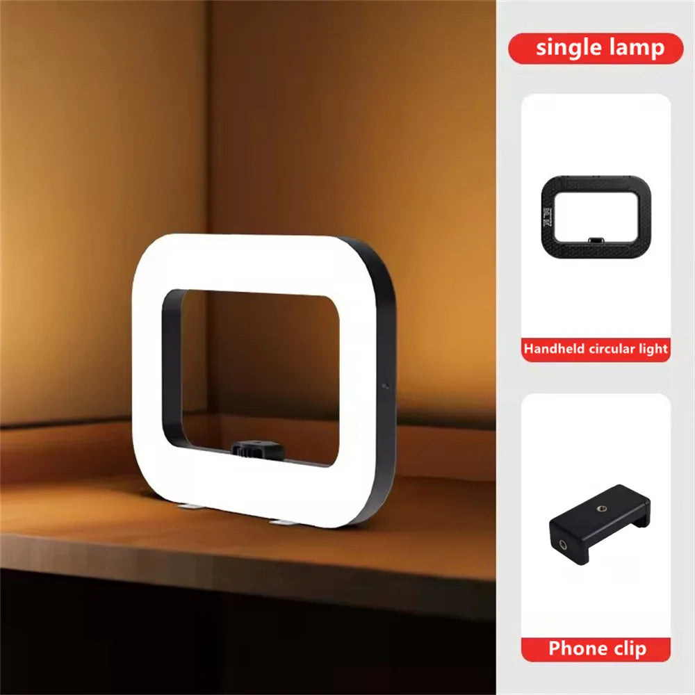 New Pink/Black Color + Tripod Handheld Ring LED Rechargeable Fill light Portable Mobile Phone Live Broadcast Photography Desktop Rabbit Cage Selfie Light