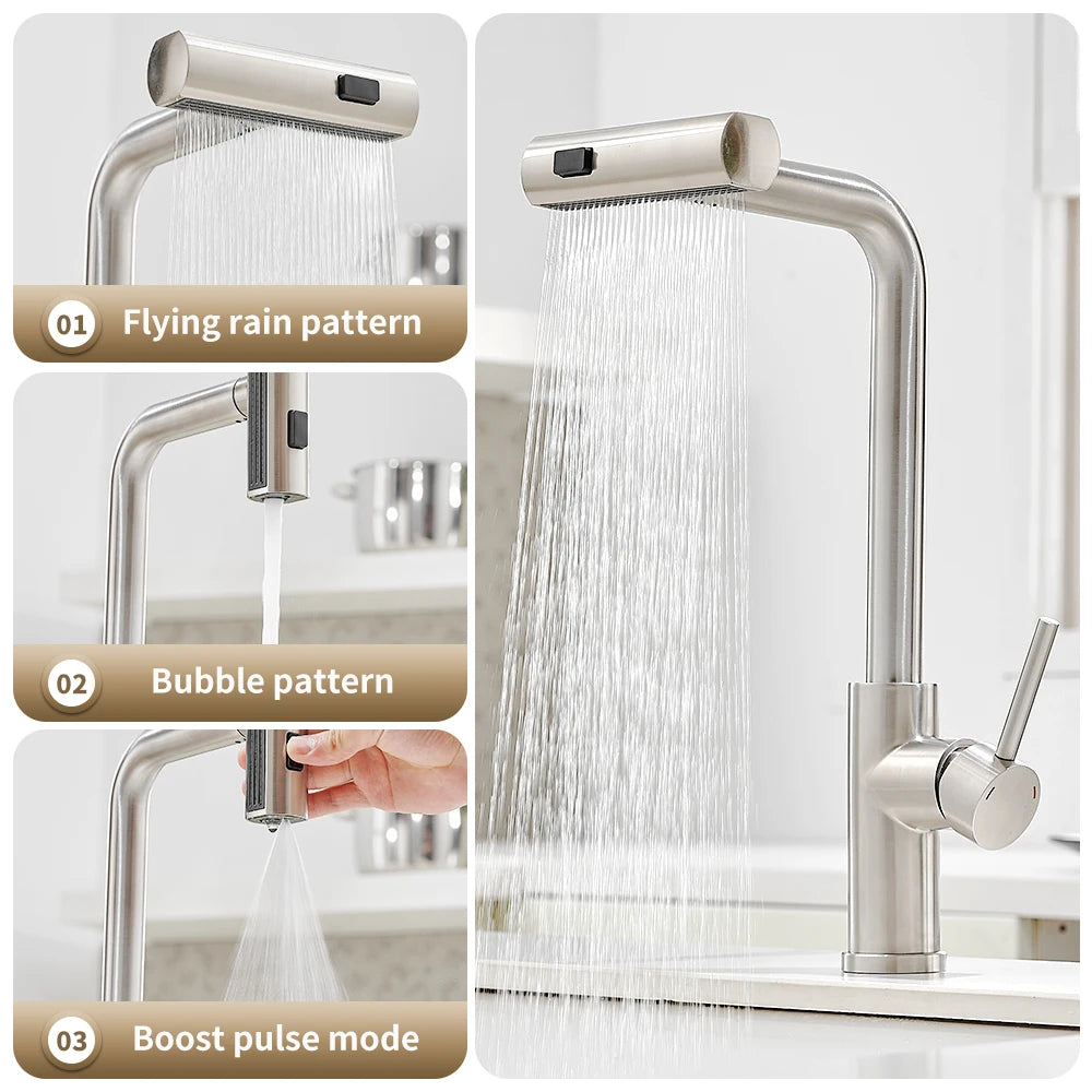 Nickel 304 Stainless Steel Pull-out Kitchen Faucet Waterfall Hot And Cold Mixed Water Sink Tap Multi-function Rinse Rotate 3668
