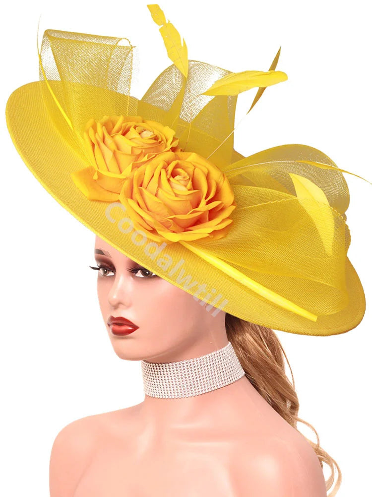 15 Colors Flower Big Royal Ascot Race Ladies Fascinator Luxury Hat Elegant Women Evening Wedding Party Business Dinner Opera Concert Red Carpet Headpiece Bride Wedding Headwear Apparel Accessories