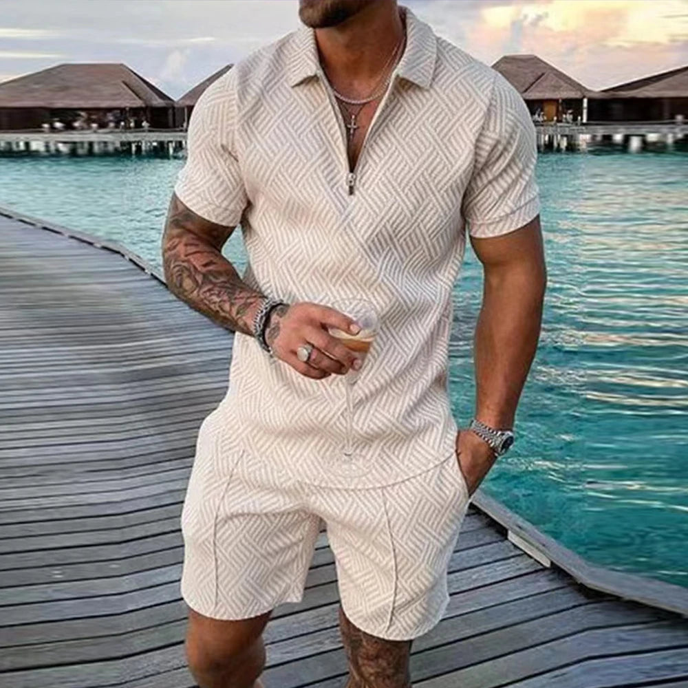 2 PCS Set S-5XL Plus Size for Curvy Men's Athletic T-Shirt Set Casual Mesh Lapel Short Sleeve Pullover Tops + Shorts  Solid Thin Sporty Suits Summer Casual Clothing Suit