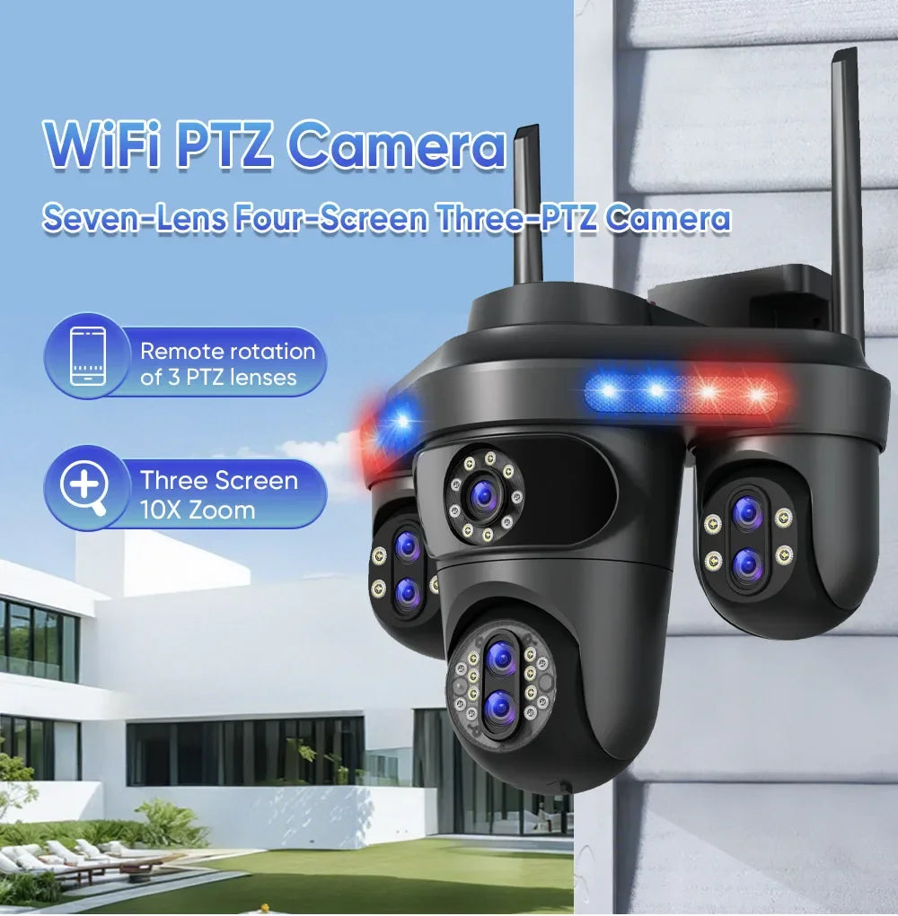 NEW Arrivals AI Functions 35MP Wi-Fi IP Camera 4 Screens 7 Lens 10X Zoom Outdoor Wireless PTZ Security Cam Auto Tracking CCTV Surveillance Camera Home Office Factory Security Systems