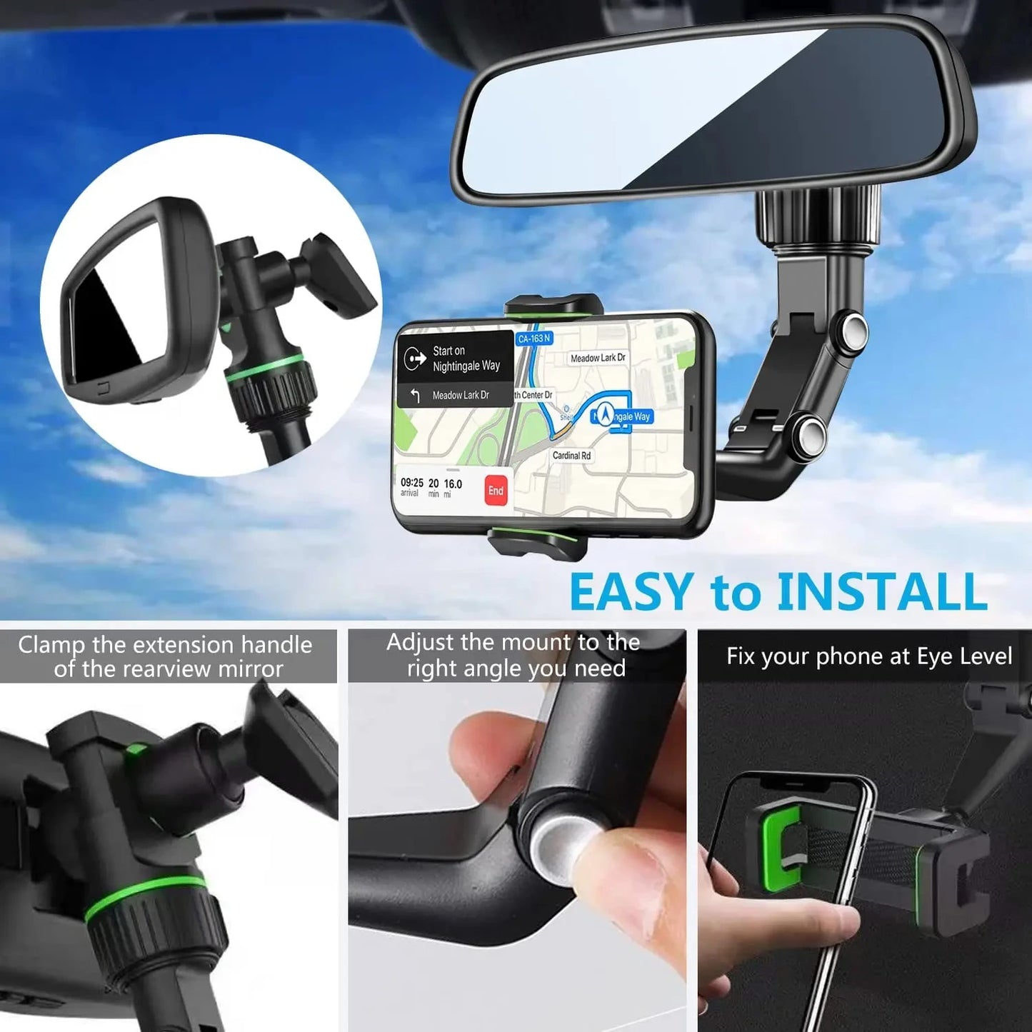 Rear View Mirror Phone Holder for Car, 360° Rotating Phone Mount, GPS Holder Universal Car Phone Holder for All Smartphones