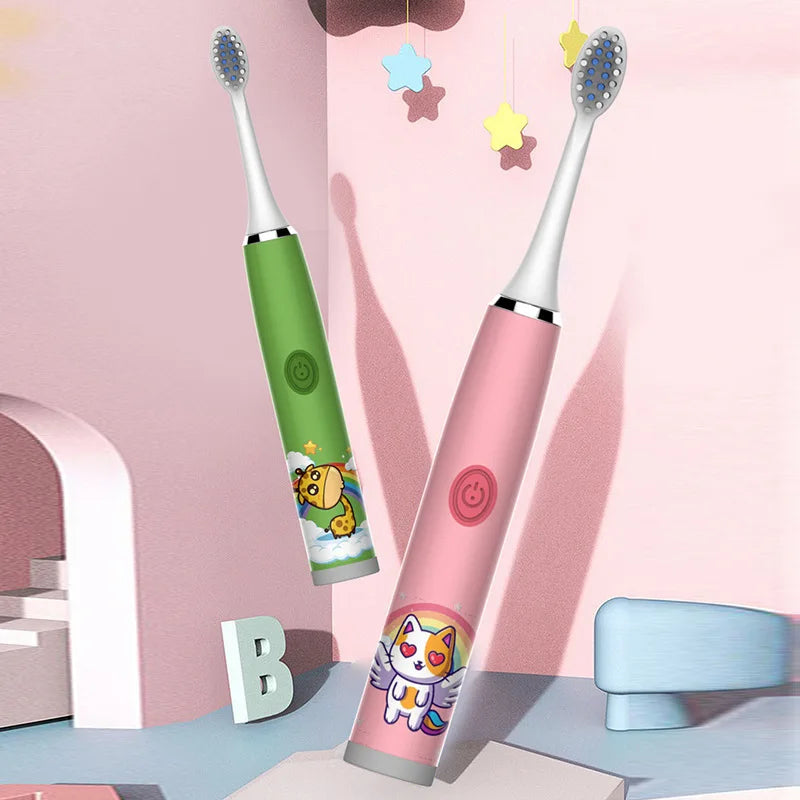 Sonic Children Electric Toothbrush + 6 Heads Full Set Rechargeable Colorful Cartoon Brush For Kids Automatic IPX7 Waterproof With Replacement Head Children Oral Hygiene Supplies