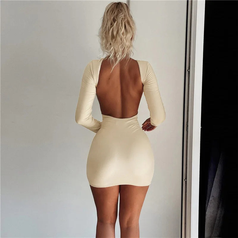 NEW Arrivals Khaki/Black Autumn Fashion Sexy Open Back Solid Slinky Female Mini Dress Evening Night Club Party Outfits Long Sleeve Round Neck Bodycon Dresses Ladies Girls Sexy Fashion Clothing Supplies