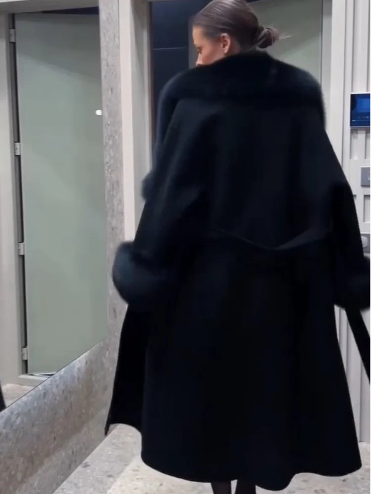 UK Size Black/White Mink Fur Overcoat + Brown/Black/Red Mini Hot Sexy Dress Patchwork Woolen Coat Women Full Sleeve V-Neck Lace Up Loose Long Overcoat Female Winter Commute Outerwear