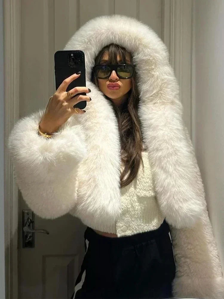 Black/White Color Winter Warm Fur Short Overcoat Women Solid Patchwork Full Sleeve Hooded Loose Thicken Coat Lady Daily Commute Winter Outwear
