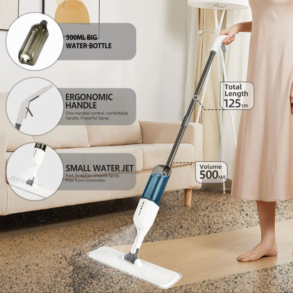 Spray Flat Mop With Reusable Microfibers Pads 360° Rotation Floor Cleaning Mop 500ML Big Capacity Square Triangle Bottle