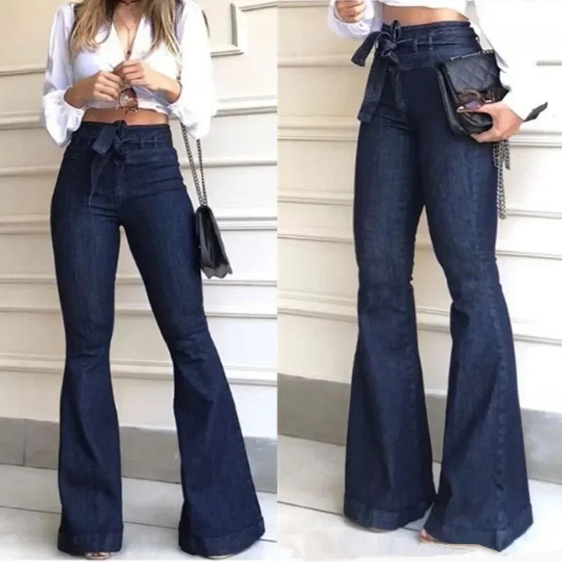 NEW Arrivals UK S-2XL Size Black/Blue Mom Jeans Women Flare Pants Zipper Fly Flat Pockets Streetwear Denim Work Elegant Bodycon Slight Stretch Belt High Waisted Jeans
