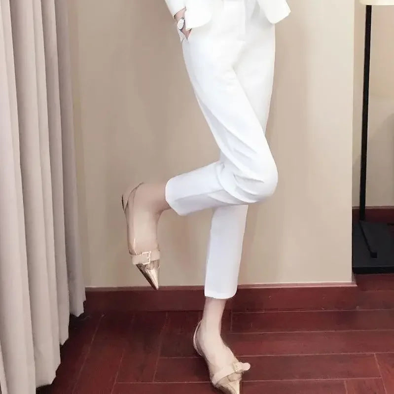 NEW Arrivals 2PCS Set 2 Patterns White/Black Short/Long Pants Coat + Belt for Women Black Trouser Suit Blazer and Outfit Office Lady Professional Business Set Ladies Luxury Fashion Clothing Supplies