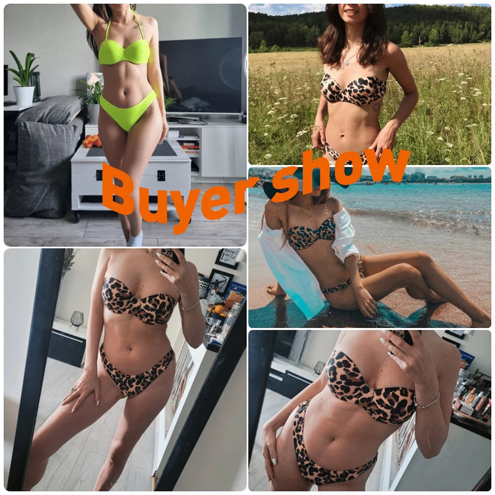 Bikini Set Bandeau High Cut Solid Bandeau Swimsuit Women Swimwear Sexy Push Up Bathing Suit Beachwear Leopard Bikini