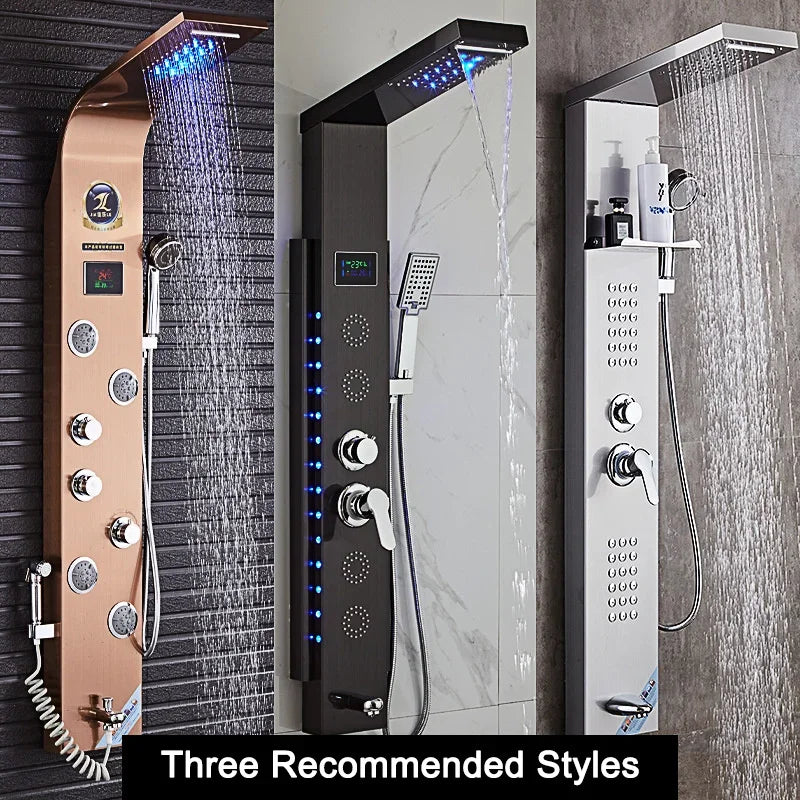 Luxury Stainless Steel Home Improvement LED Lights Shower Faucets Luxury Bathroom Faucet Set Bather Thermostat Shower Screen Shower Electronic System Kit Home Bathroom Supplies