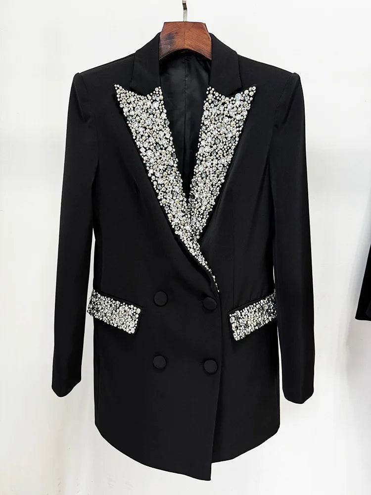 NEW Arrivals UK Large Size Black/White Color Top Quality Autumn Winter Spring Italian Luxury Fashion Beading Diamonds Blazer Women Suit Coat White Long Sleeve Double Breasted Long Blazer Office Lady Products
