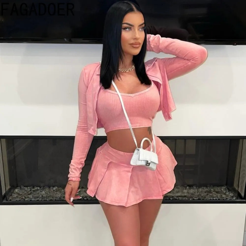 NEW Arrivals 3PCS Set UK/Asian Big Size Fashion Tie Dye Vintage Y2K Street Women Vest +Long Sleeve Coat +Mini Pleated Skirts Outfits Female Thick Rubber Clothing Girls Sexy Fashion Apparel Products