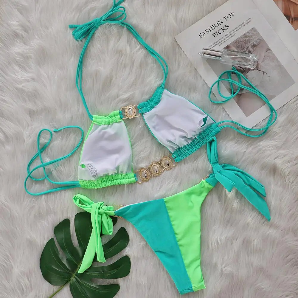 Rhinestone Women Bikinis Crystal Colorful Diamond Bikini Set Halter Bandage Lace-up Swimwear Female Luxury Swimming Suit