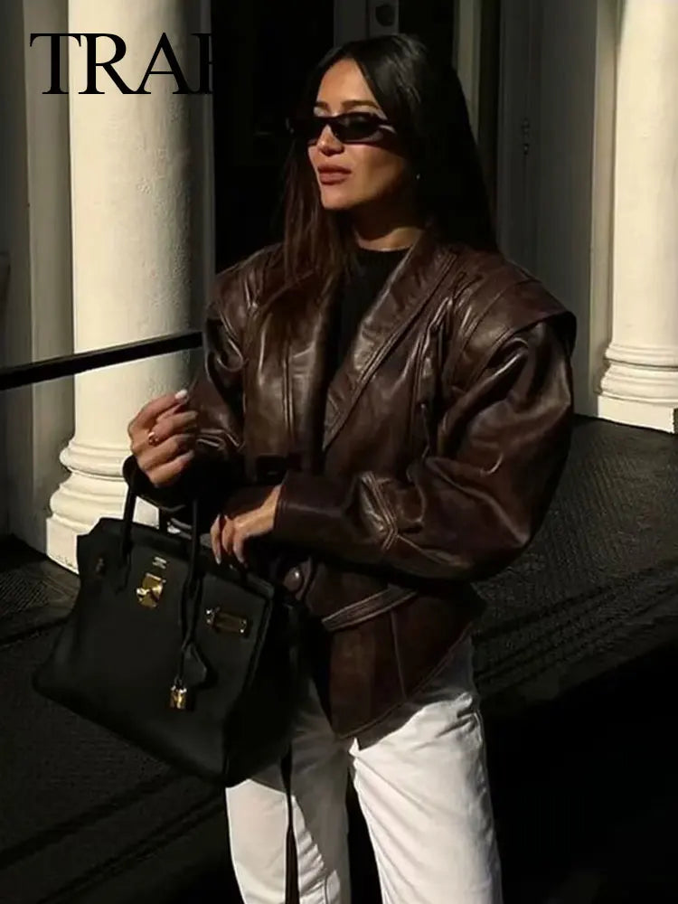 Female Street Leather Jacket Spring Women's Versatile Brown Long Sleeves V-neck Single Breasted Lace-up Causal Coats