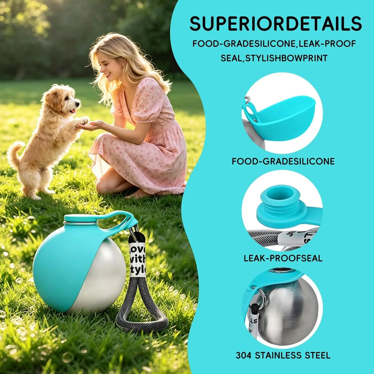 2 in 1Portable Foldable Outdoor Walking Dog Water Bottle, Plastic/Stainless Steel/Printed Pet Water Dispenser Silicone Feeder Drinking Cup Foldable Bowl Leak Proof Small/Large Dog Water Bottle