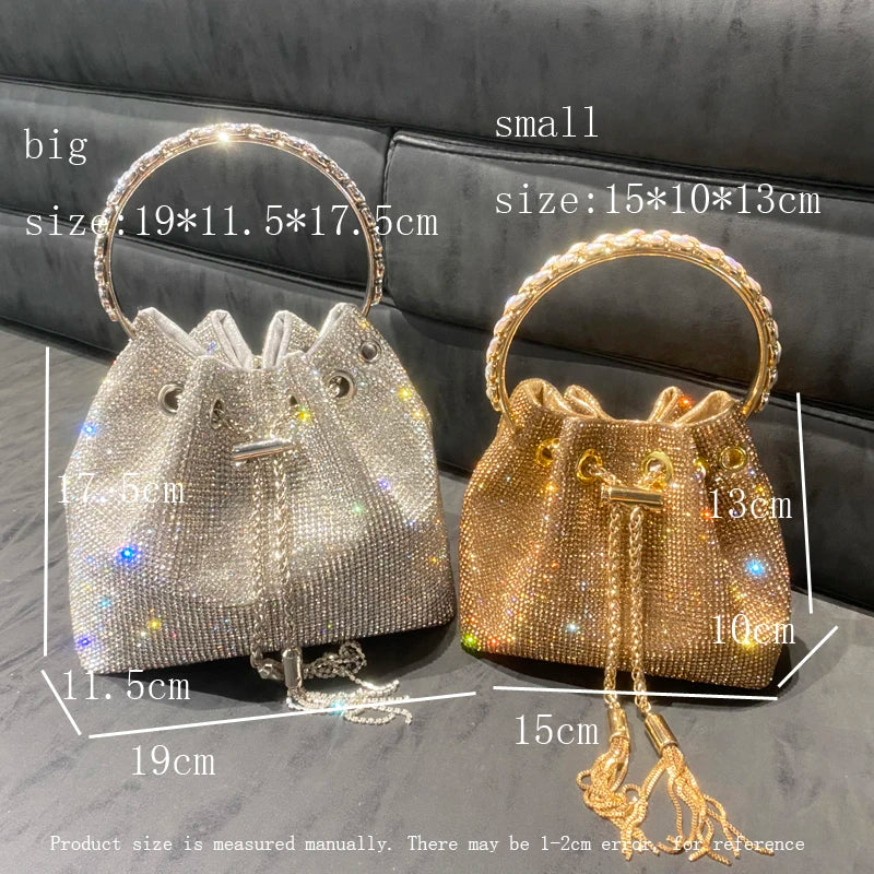 Women Luxury Designer bucket clutch purse evening banquet bag Crystal rhinestone shoulder bag