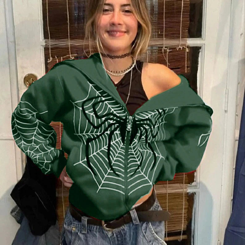 2024 Cross Border Spider Web Zipper Sweater Women's Casual Trendy Hoodie Spring and Autumn Fleece American Coat