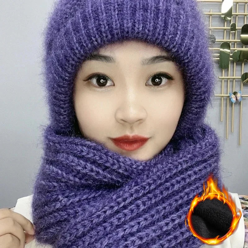NEW 2 PCS Set 5 Colors Fleece Lined Cycling Beanie Scarf Set Women Thermal Windproof Knit Cap Snow Hood Winter Cold Weather Warm Set Outdoor Skiing Travel Hiking