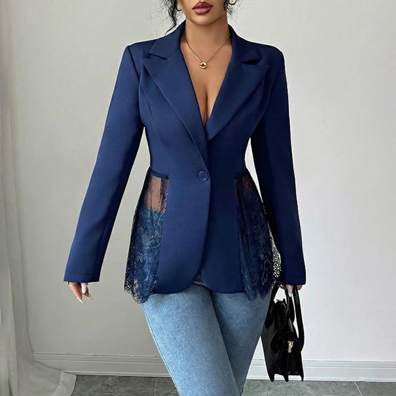 Just Arrived XS(6)- 2XL(18) UK Size 4 Colors Elegant Lace Patchwork Blazer Jacket Women Fashion Notched Collar Long Sleeve One-Button Perspective Sexy Versatile Suit Coat