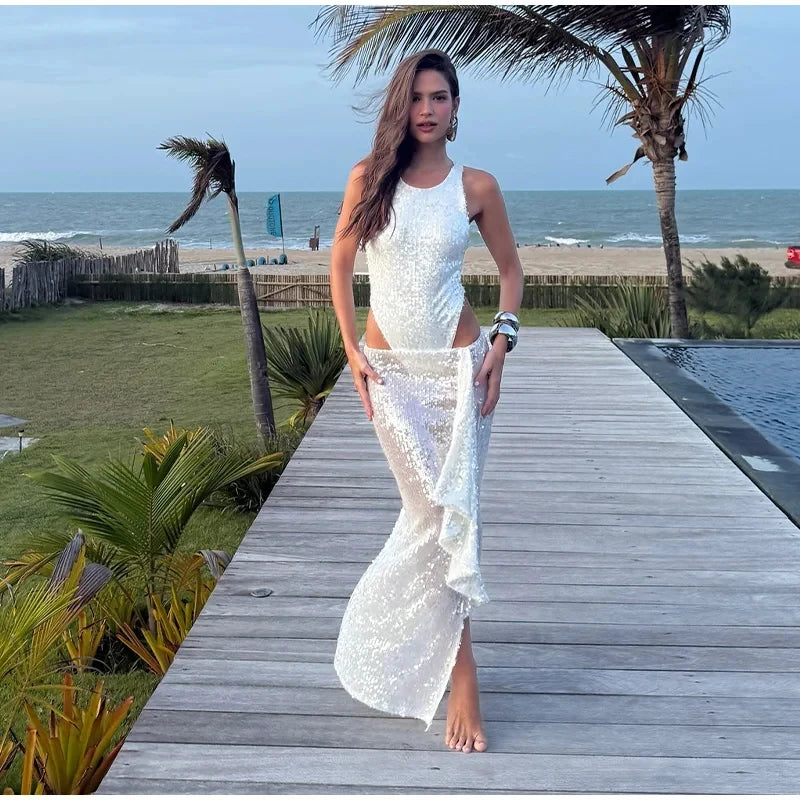 NEW Arrivals UK Size Sequins Glitter Skirt Set Woman New Summer Sexy Sleeveless Tank Jumpsuits + Ribbon Side Split Long Skirts Party Holiday Sets Evening Beach Party Night Club Outfit