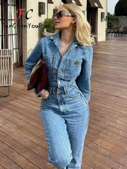 Spring New Women's Pants Suit Fashion Vintage Casual Temperament Long Sleeve Straight Leg Exquisite Denim Jumpsuit Female