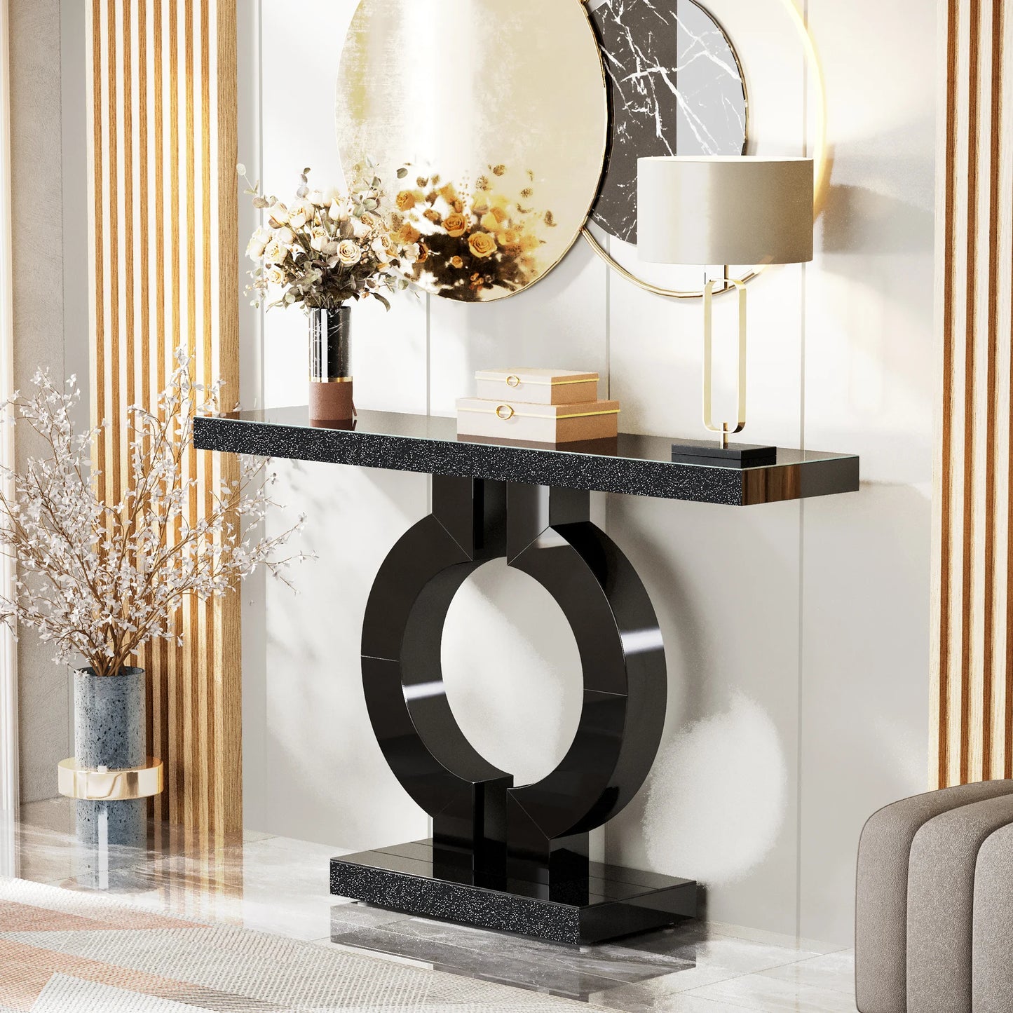 Ivory/Black Color 43-Inch Luxury Modern Mirrored Console Table, Glass Sofa Table with Mirror Finish, Entryway Table with O-Shaped Base, Home Furniture Supplies