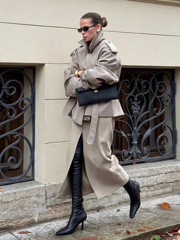 2 Colors UK Size Solid Lace Up Trench Coat Women Fashion Full Sleeve Waist Cinching Short Windbreak New Autumn Office Commute Outwear