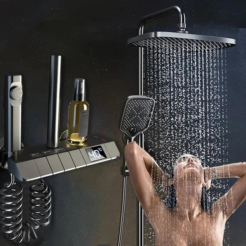 Bathroom Shower Faucet Set 4 Functions Digital Display Shower Thermostat Hot Cold Showers Mixer Pressure Discharge Copper Taps