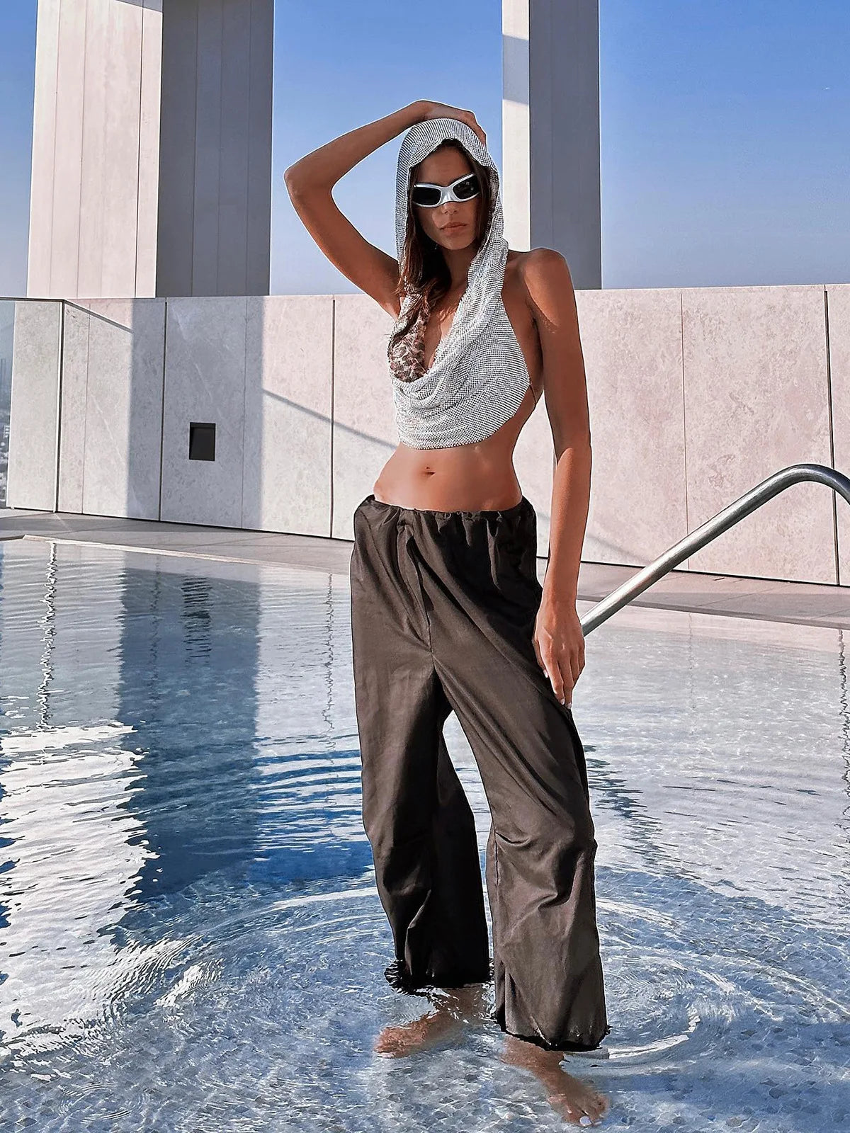 NEW Women Girls Luxury Sexy Mesh See Through T Shirt Shiny Rhinestone Fishnet Hollow Out Crop Top Long Sleeve Beach Cover Up Party Club Tank Tops Female Ladies Luxury Fashion Clothing Supplies