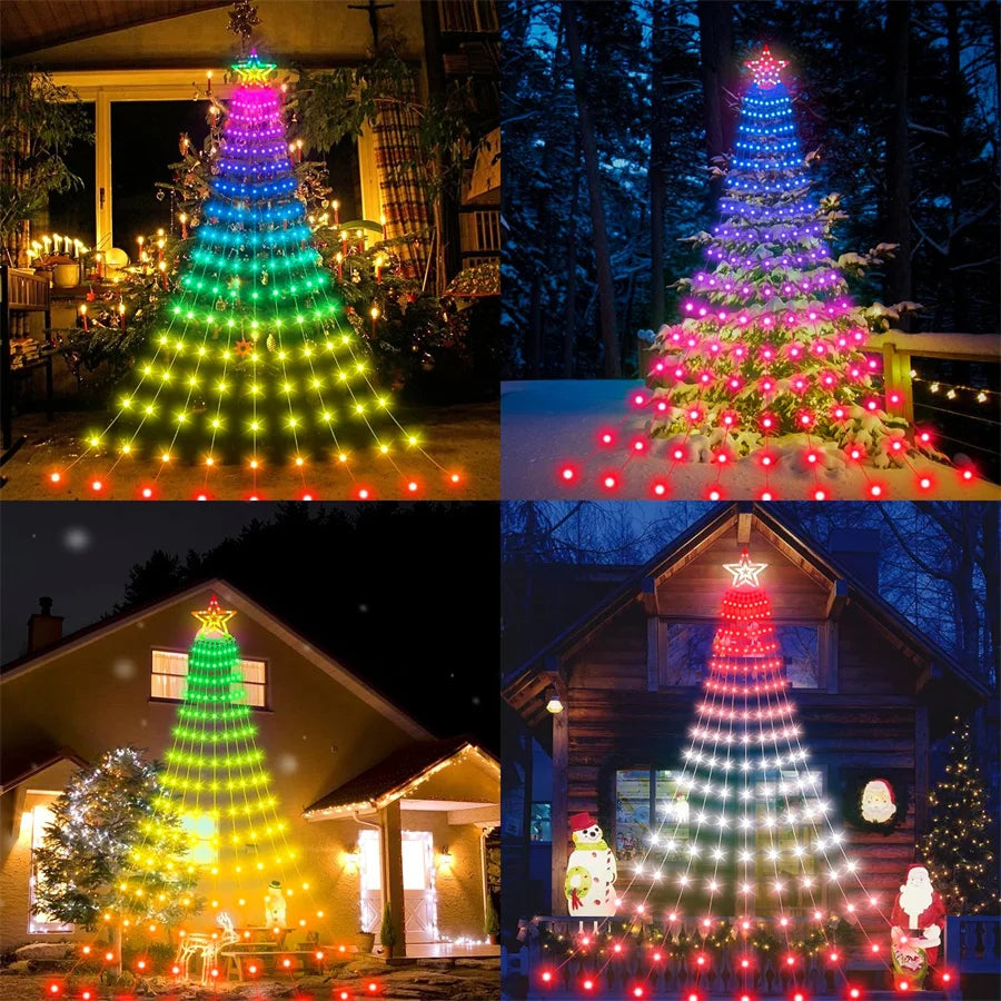 9X3M Smart App Control Christmas Waterfall Lights Outdoor with Remote 305 LED Christmas Tree Star Icicle Lights for Patio Decor