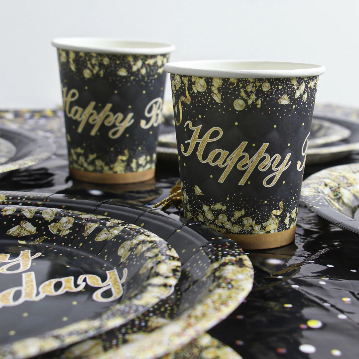 Black Gold Disposable Tableware Paper Plates Cup Happy Birthday Party Decoration 30 40 50 60 Baby Shower Birthday Party Supplies