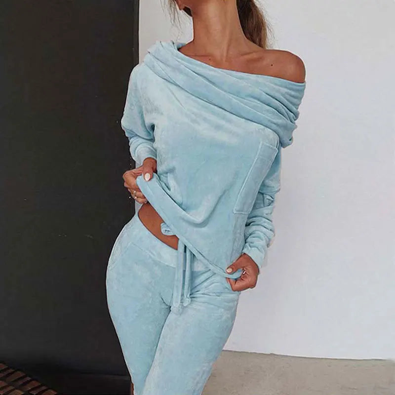 2 PCS Set S-3XL UK Plus Size 6 Colors Sexy Velvet Off Shoulder Slope Collar Casual Women Home Suit Fashion Folds Long Sleeved Bow Pullover Top Trousers Suit Outfit