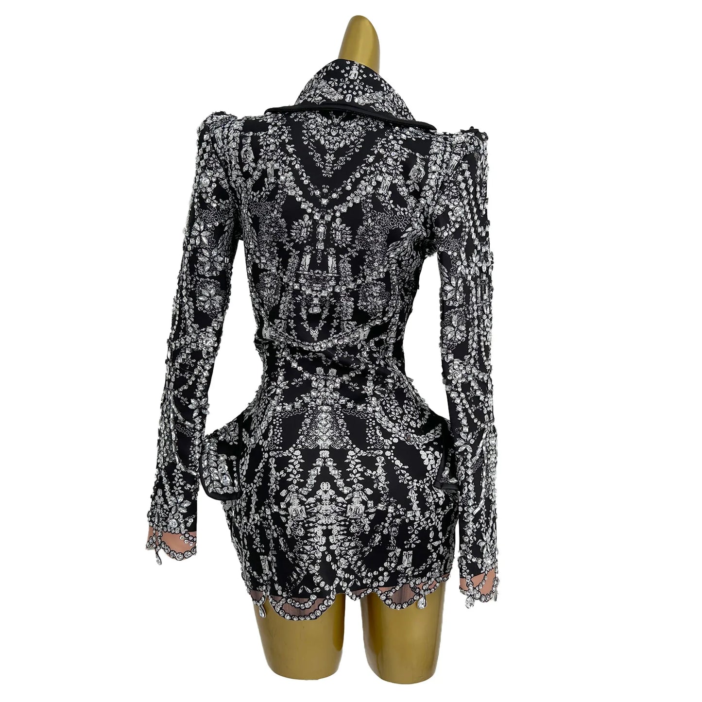 NEW Luxury Fashion Crystal Rhinestones Diamond Short Mini Dress Deep V Black Club Party Birthday Stage Performance Drag Queen Costumes Women Fashion Clothing Supplies